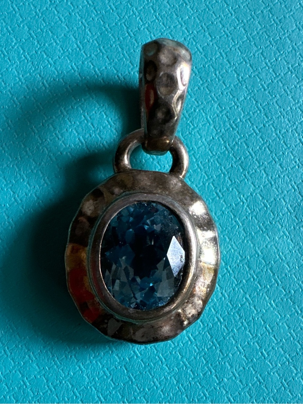 Vintage Hammered Sterling Blue Topaz Pendant
